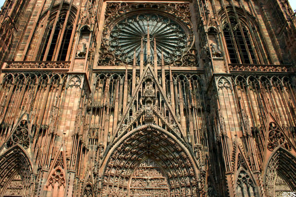 Three portals & lace-like covering of west facade of Cathedral. Strasbourg, France.