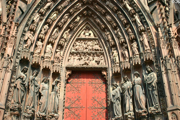 Overview of left door of Cathedral covering birth of Christ. Strasbourg, France.