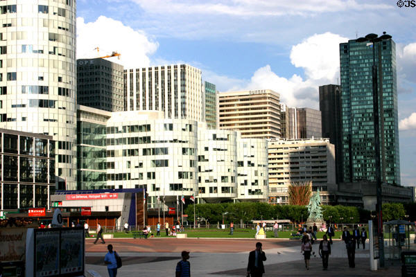 Cur Défense (2001) & greenish CB21 (former GAN) (1974) buildings at La Défense. Paris, France.