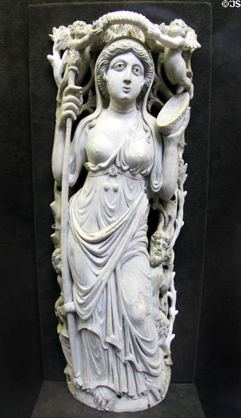 Ivory carved statuette of Ariadne, Maenad, Satyr & Cupids (early 6thC) from Constantinople at Cluny Museum. Paris, France.