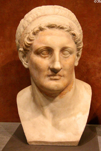 Marble portrait head (3rdC BCE) of Ptolemy I Soter (305-282 BCE) companion of Alexander the Great & ruler of Egypt at Louvre Museum. Paris, France.
