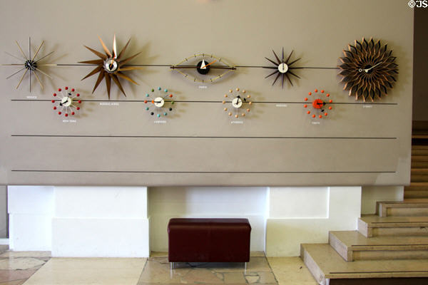 Collection of clocks showing times around world at Musée des Monuments Français. Paris, France.