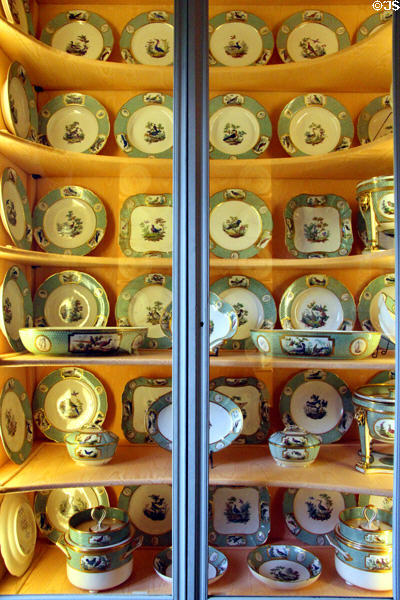 Sèvres Buffon pattern porcelain green & gold table service painted with birds (1784-6) at Nissim de Camondo Museum. Paris, France.