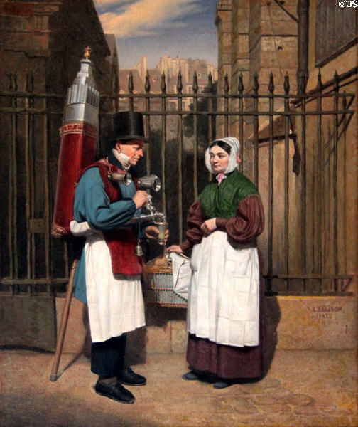 The Coco Merchant pouring from chocolate fountain on his back painting (1843) by Augusta Le-Baron-Desves at Carnavalet Museum. Paris, France.
