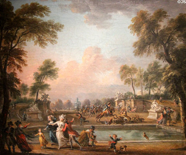 Charge by Prince Lambesc heading Royal German Regiment at Tuileries gardens on July 12, 1789 painting (c1789) by Jean-Baptiste Lallemand at Carnavalet Museum. Paris, France.