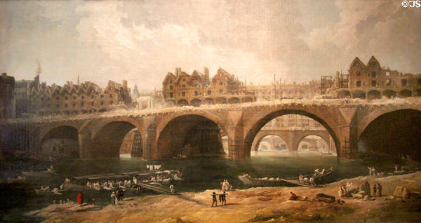 Demolition of houses on Notre-Dame bridge in 1786 painting (late 18thC) by Hubert Robert at Carnavalet Museum. Paris, France.
