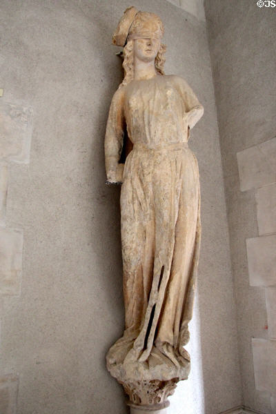 La Synagogue statue (c1230-40) wearing a blindfold, removed from south facade of Reims Cathedral at Tau Palace Museum. Reims, France.