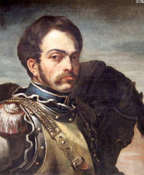 Carabinier in chest armor with his horse painting (c1814) by Théodore Géricault at Rouen Museum of Fine Arts. Rouen, France.