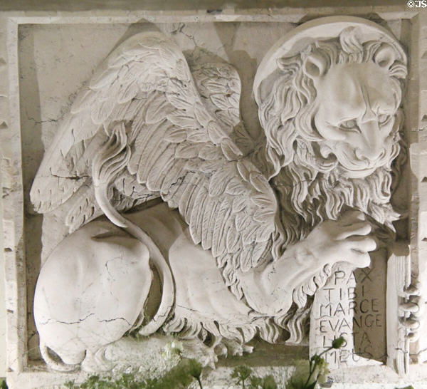 Winged stone lion of St Mark the Evangelist in Chapel at Chenonceau Chateau. Chenonceau, France.