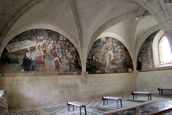 Chapterhouse with 16thC Passion of Christ murals at Fontevraud Abbey. Fontevraud, France.