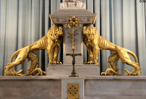 Details of lions on Joan of Arc statue (1912) by André Vermare from Lyon at Orleans Cathedral. France.