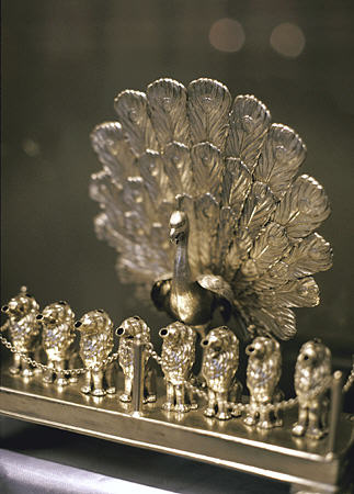 Chanukah Candelabrum in form of peacock & lions in Great Synagogue Museum, Budapest. Hungary.