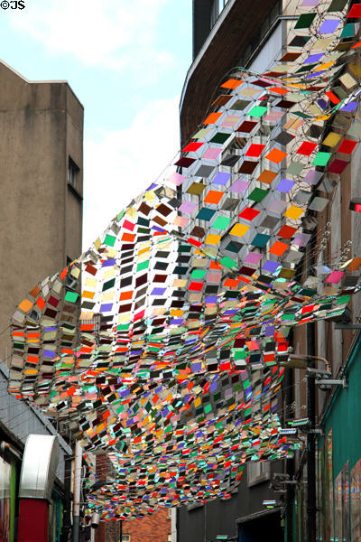 Multicolored sunshade over street at Temple Bar. Dublin, Ireland.