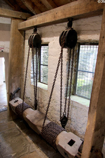 Winch & pulleys for chains which open portcullis gate underneath at Cahir Castle. Cahir, Ireland.