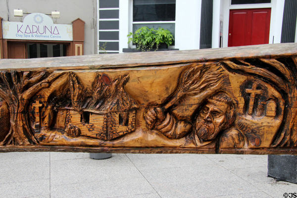 Vikings start raiding monasteries in (790s) detail of Viking sword sculpture by John Hayes near Reginald's Tower. Waterford, Ireland.