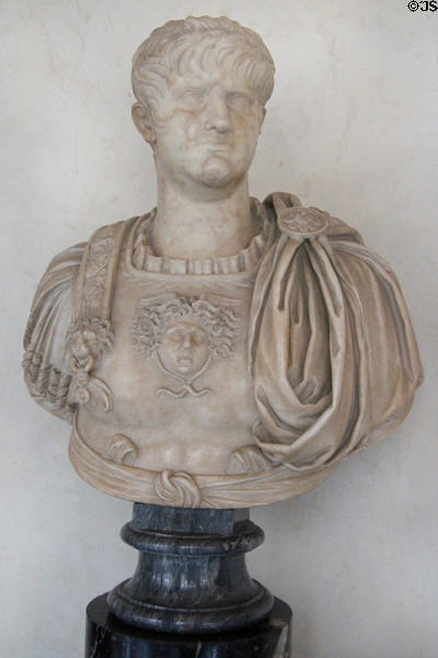 Roman emperor Nero (54-68) marble bust (59-64) at Uffizi Gallery. Florence, Italy.