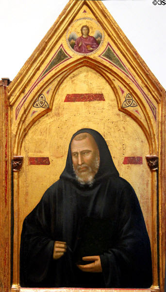 St Benedict panel detail of Madonna & Child polyptych painting (c1295-1300) by Giotto di Bondone at Uffizi Gallery. Florence, Italy.