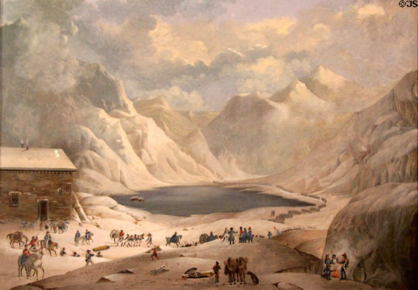 Napoleon leads counter offensive into Italy through Great St Bernard Pass through Alps on May 15-16, 1800 painting (early 1800s) by G.P. Bagetti at Risorgimento Museum. Turin, Italy.