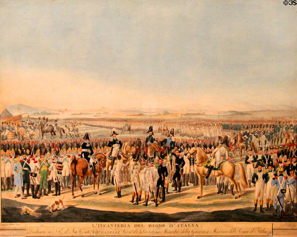 Italian Infantry during era of Kingdom of Italy c1805-1814 graphic (early 19thC) at Risorgimento Museum. Turin, Italy.
