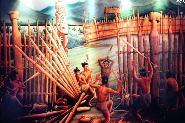 A stained glass window depicting a battle at a traditional stockade in Rotorua. New Zealand.