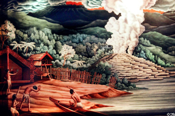 Volcanic scene on stained glass window in Rotorua. New Zealand.