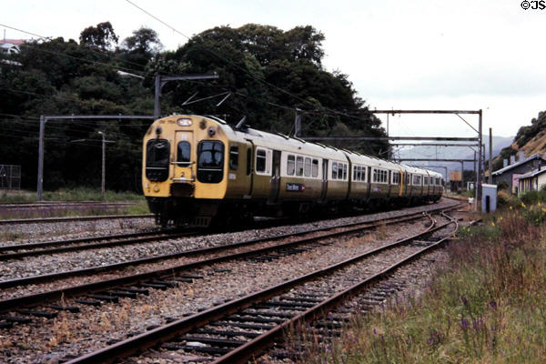 Commuter train to Wellington passes through Paekakariki. New Zealand.