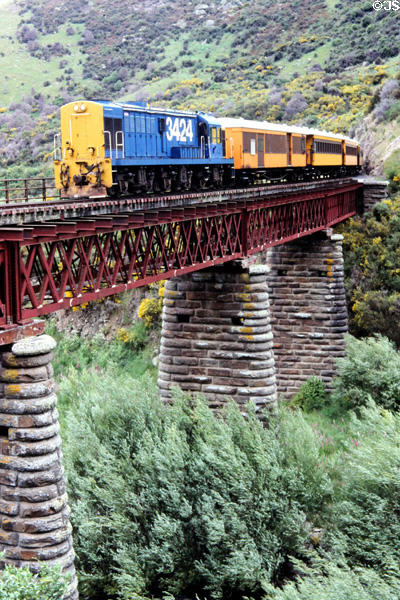 Taieri Gorge Rail Road crossing over girder bridge. New Zealand.