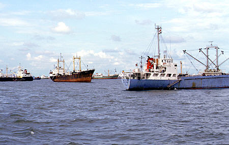 Ships anchored in Singapore harbor. Singapore.