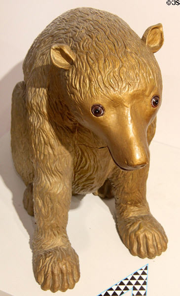 Barber shop bear to advertise bear grease (1800s) to keep hair & scalp healthy at Edinburgh City Art Centre. Edinburgh, Scotland.