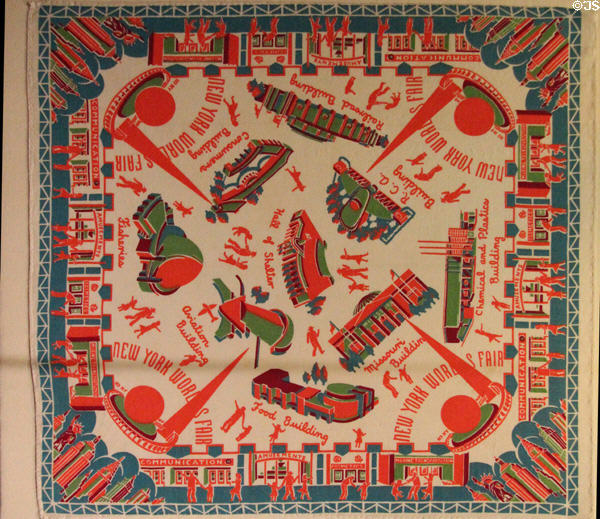 Souvenir rayon scarf shows Trylon & Perisphere structures from New York World's Fair (1939) at National Museum of Scotland. Edinburgh, Scotland.