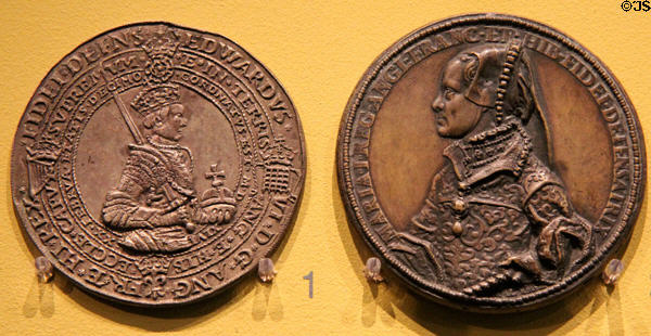 Edward VI coronation (1547) & Marriage of Queen Mary to Philip of Spain (1555) medals at Hunterian Art Gallery. Glasgow, Scotland.