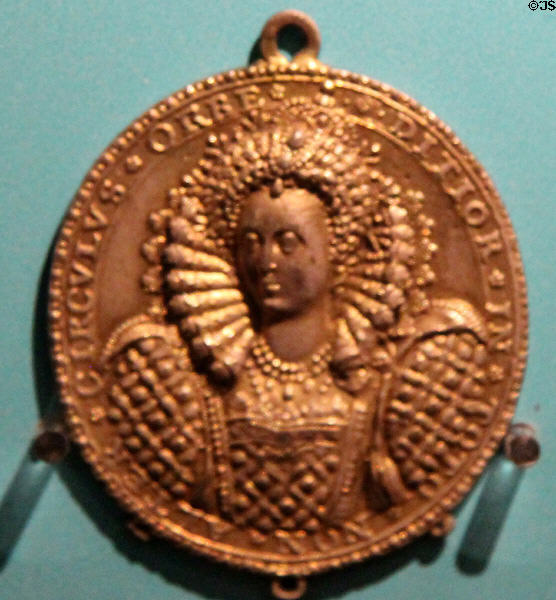 Elizabeth I destruction of Spanish Armada medal (1589) by Nicholas Hilliard at Hunterian Art Gallery. Glasgow, Scotland.