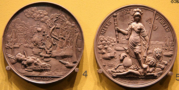 Admiral de Ruyter Naval Action in Anglo-Dutch War (1666) & Peace of Breda (1667) medals both by Christopher Adolfszoon of Netherlands at Hunterian Art Gallery. Glasgow, Scotland.