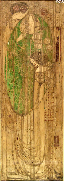 Willow Tearoom gesso story of Willowwood panel (1903) by Margaret Macdonald Mackintosh at Kelvingrove Art Gallery. Glasgow, Scotland.