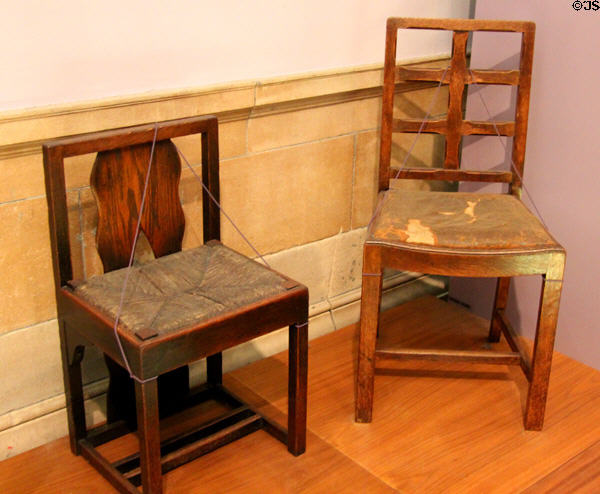 Ingram Street Oak Room chairs (1907 & 9) both by Charles Rennie Mackintosh at Kelvingrove Art Gallery. Glasgow, Scotland.