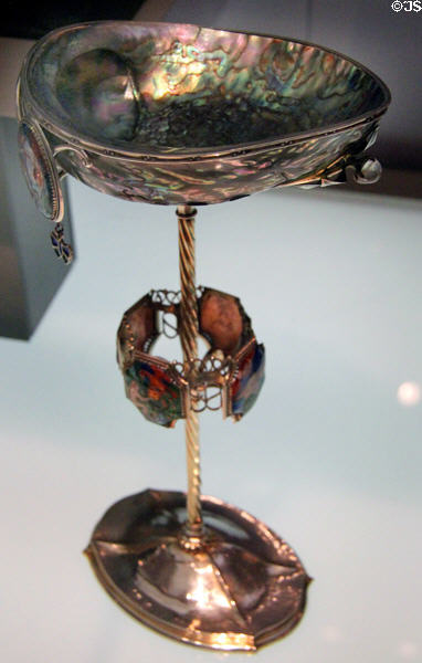Silver chalice with paua shell (1906) by Ramsay Traquair, with enamels by Phoebe Anna Traquair & metalwork by John Maitland Talbot at Kelvingrove Art Gallery. Glasgow, Scotland.