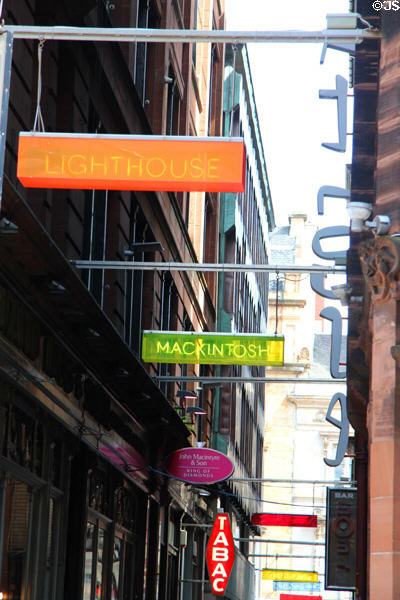 The Lighthouse, Scotland's Centre for Design & Architecture signage leading to Charles Rennie Mackintosh museum. Glasgow, Scotland.