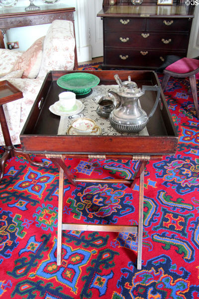 Tea tray on folding rack in drawing room at Pollok House. Glasgow, Scotland.