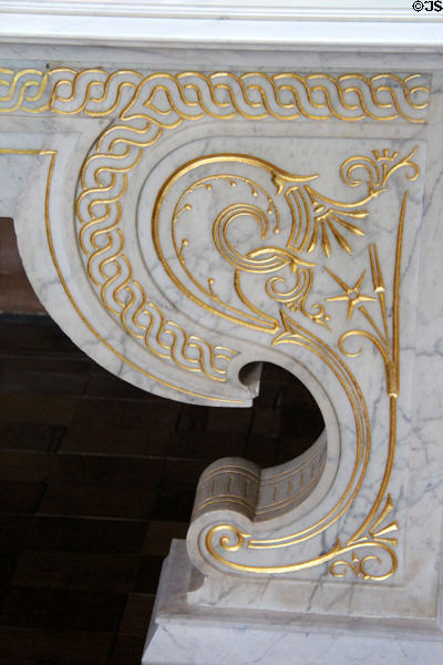 Gilded details of marble sideboard in dining room at Holmwood. Glasgow, Scotland.