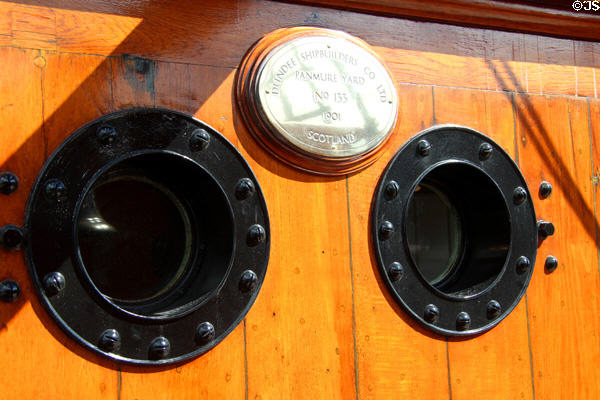 Portholes & builders plaque by Dundee Shipbuilders Co Ltd. of Scotland (1901) for RRS Discovery. Dundee, Scotland.