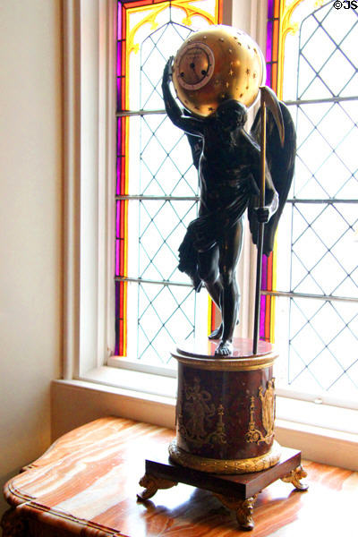 Global clock carried by figure of death stopping time by Thomire of Paris in inner hall at Scone Palace. Perth, Scotland.