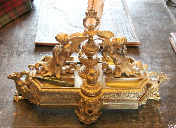 Gilded inkwell in library at Fyvie Castle. Turriff, Scotland.