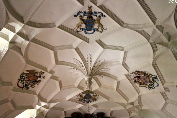Sculpted plaster ceiling with coats of arms in Gallery at Fyvie Castle. Turriff, Scotland.