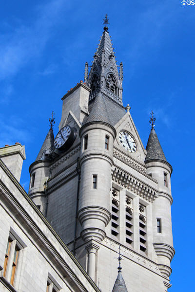 Clocktower of Aberdeen Town House (1868-74) tops court house & Tolbooth jail (Broad at Union Sts.). Aberdeen, Scotland. Architect: John Dick Peddie & Charles George Hood Kinnear.