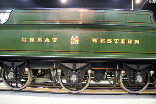 Great Western Railway name plate & coat-of-arms on locomotive tender at STEAM Museum of Great Western Railway. Swindon, England.