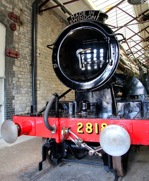 Vintage locomotive (#2818) labeled "Made in Swindon" at STEAM Museum of Great Western Railway. Swindon, England.