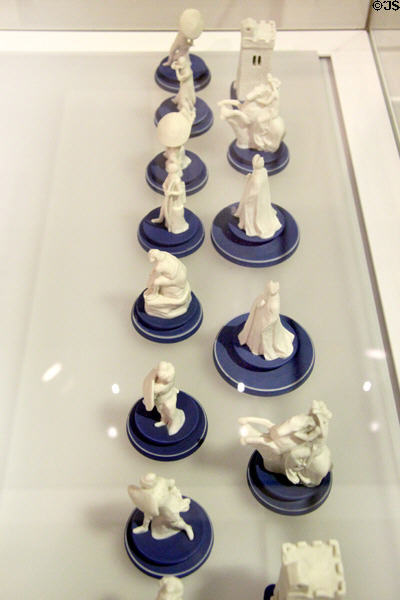 Wedgwood white jasperware chess set (1785-95) at World of Wedgwood. Barlaston, Stoke, England.