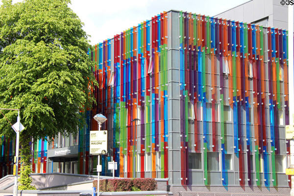 Computer Science Building with colored panels by Vanceva� at Queen's University Belfast. Belfast, Northern Ireland.