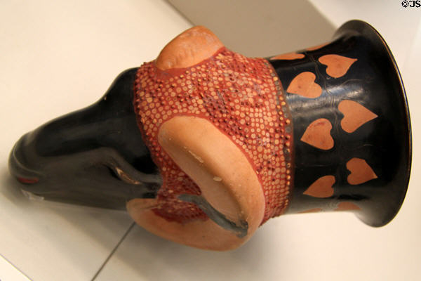 Ram-head ceramic rhyton (470-460 BCE) attrib. to Sotades made in Athens modeled on metal version captured from defeated Persians in 479 BCE at British Museum. London, United Kingdom.