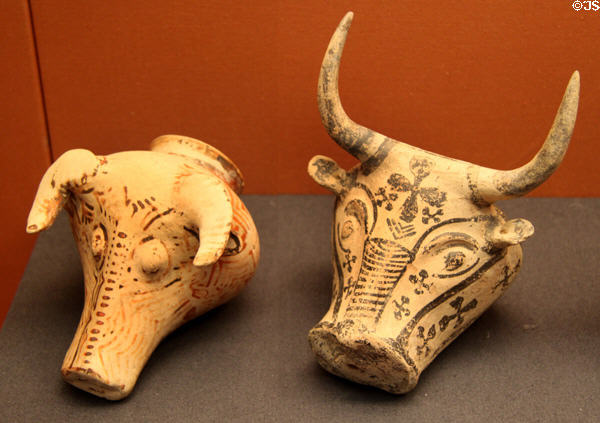 Mycenaean pottery rhyton in form of bull's head (1300-1200 BCE) found in tomb on Karpathos at British Museum. London, United Kingdom.